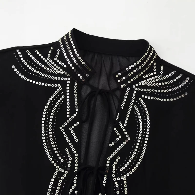 Damen Chiffonbluse mit Paillettenbesatz, Ballonärmeln und Bindekragen Drune