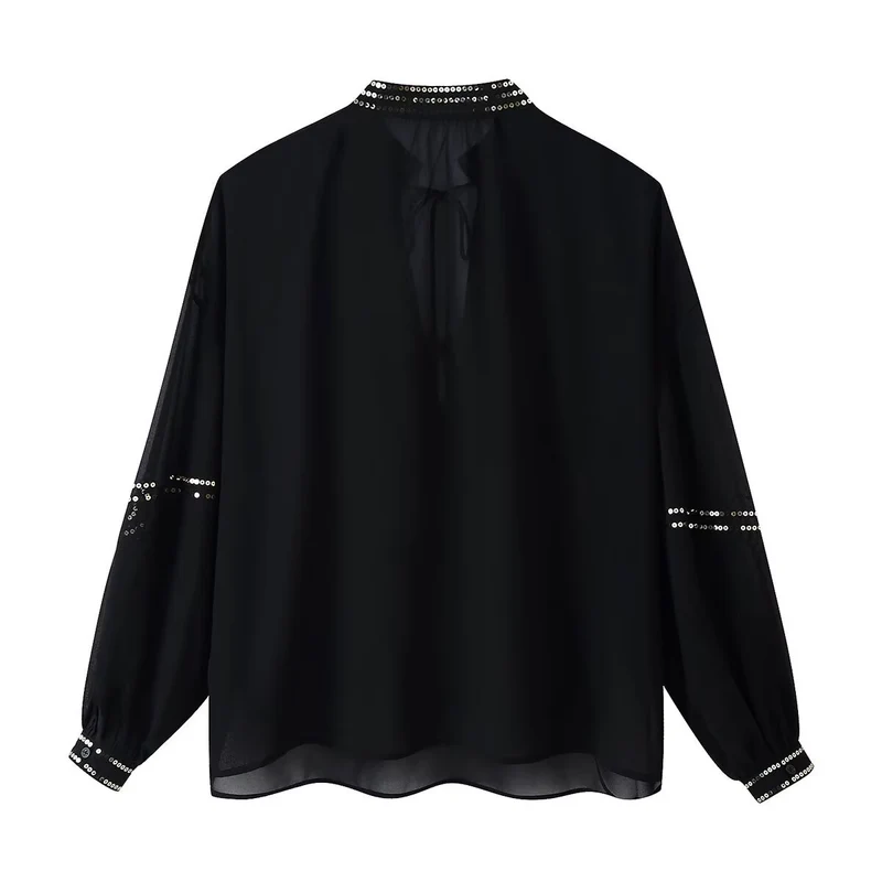 Damen Chiffonbluse mit Paillettenbesatz, Ballonärmeln und Bindekragen Drune