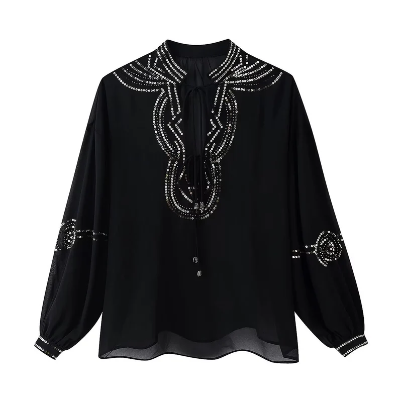 Damen Chiffonbluse mit Paillettenbesatz, Ballonärmeln und Bindekragen Drune