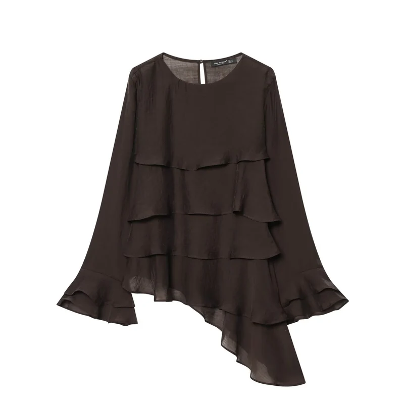 Damen Chiffon-Rüschenshirt mit mehrlagigem Volant und asymmetrischem Saum Drune