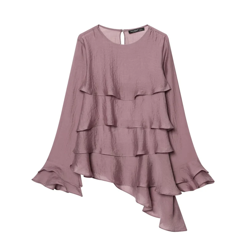 Damen Chiffon-Rüschenshirt mit mehrlagigem Volant und asymmetrischem Saum Drune