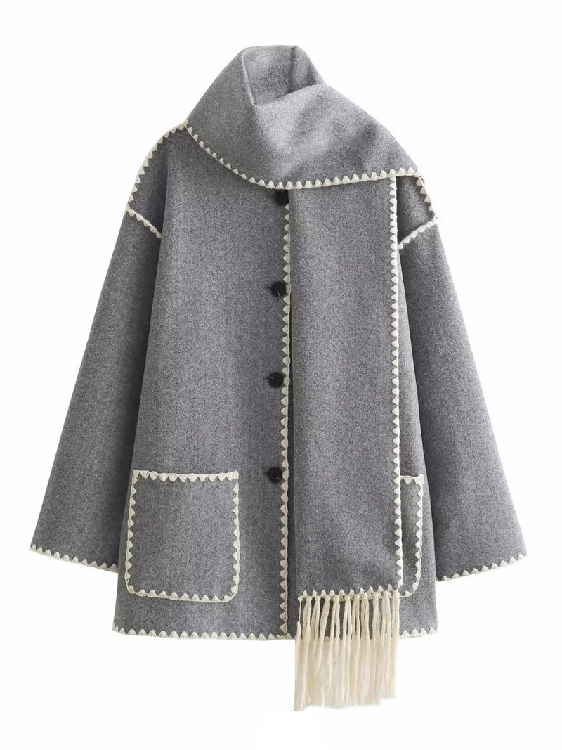 Damen Cape-Mantel mit angesetztem Fransen-Schal und Zier-Zickzacknaht Drune