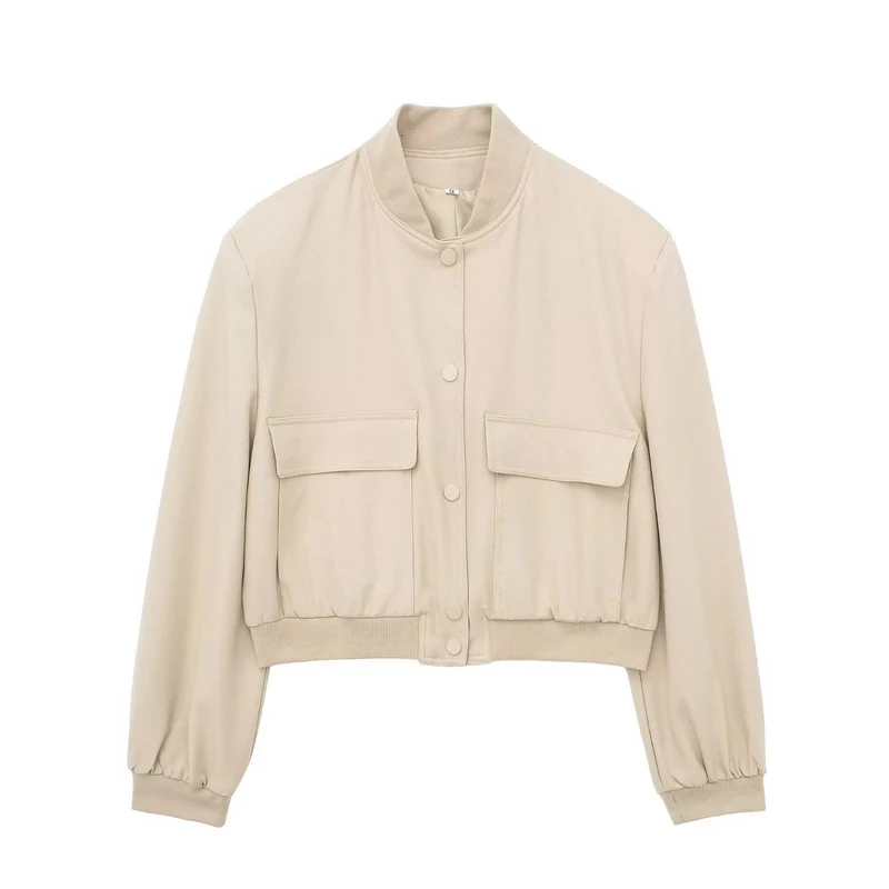 Damen Boxy-Cropped-Jacke im Worker-Look mit Pattentaschen und Rippkragen Drune