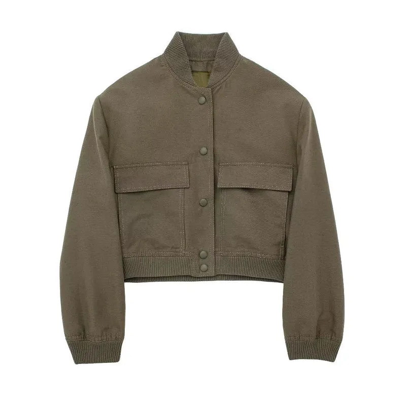 Damen Boxy-Cropped-Jacke im Worker-Look mit Pattentaschen und Rippkragen Drune