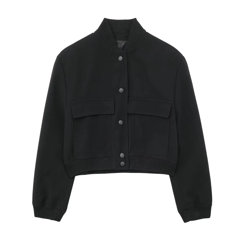 Damen Boxy-Cropped-Jacke im Worker-Look mit Pattentaschen und Rippkragen Drune