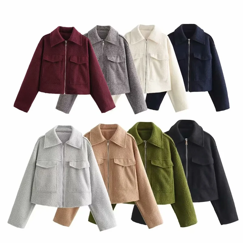 Damen Boxy-Cropped-Jacke aus Bouclé‑Wollmix mit Hemdkragen und aufgesetzten Pattentaschen Drune
