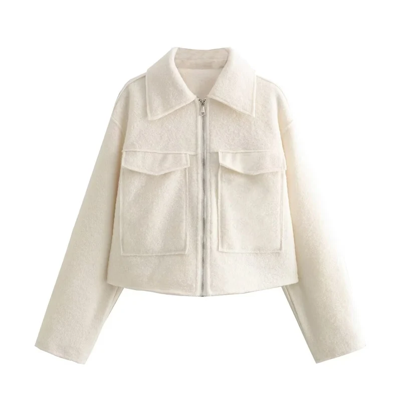 Damen Boxy-Cropped-Jacke aus Bouclé‑Wollmix mit Hemdkragen und aufgesetzten Pattentaschen Drune