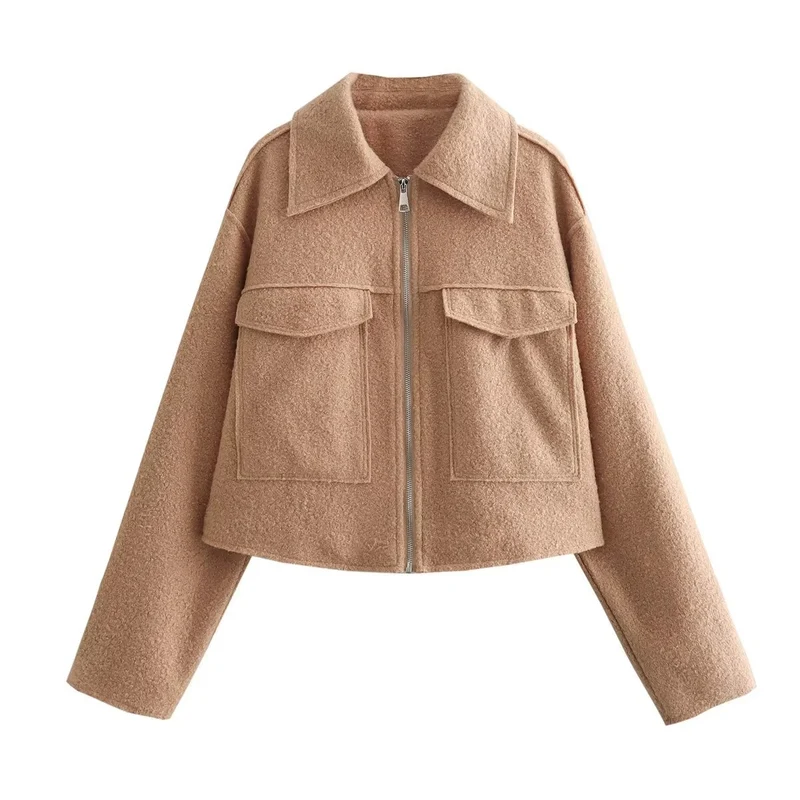 Damen Boxy-Cropped-Jacke aus Bouclé‑Wollmix mit Hemdkragen und aufgesetzten Pattentaschen Drune