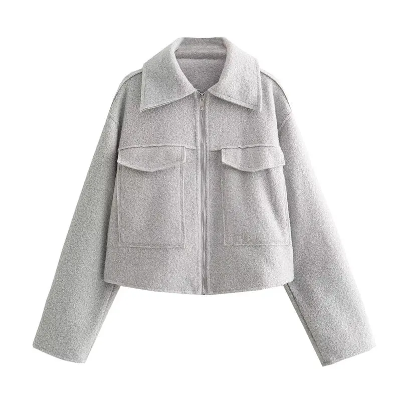 Damen Boxy-Cropped-Jacke aus Bouclé‑Wollmix mit Hemdkragen und aufgesetzten Pattentaschen Drune