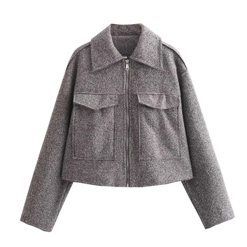 Damen Boxy-Cropped-Jacke aus Bouclé‑Wollmix mit Hemdkragen und aufgesetzten Pattentaschen Drune