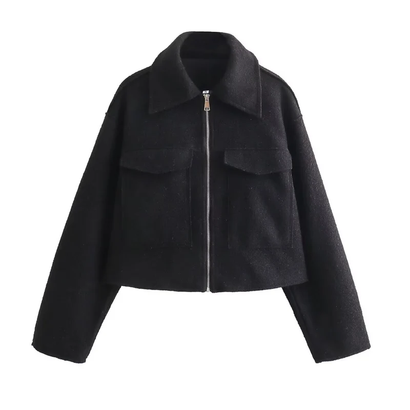 Damen Boxy-Cropped-Jacke aus Bouclé‑Wollmix mit Hemdkragen und aufgesetzten Pattentaschen Drune