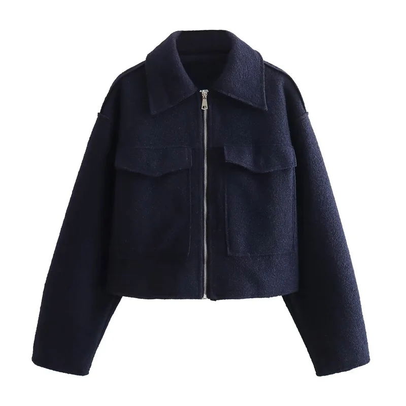Damen Boxy-Cropped-Jacke aus Bouclé‑Wollmix mit Hemdkragen und aufgesetzten Pattentaschen Drune