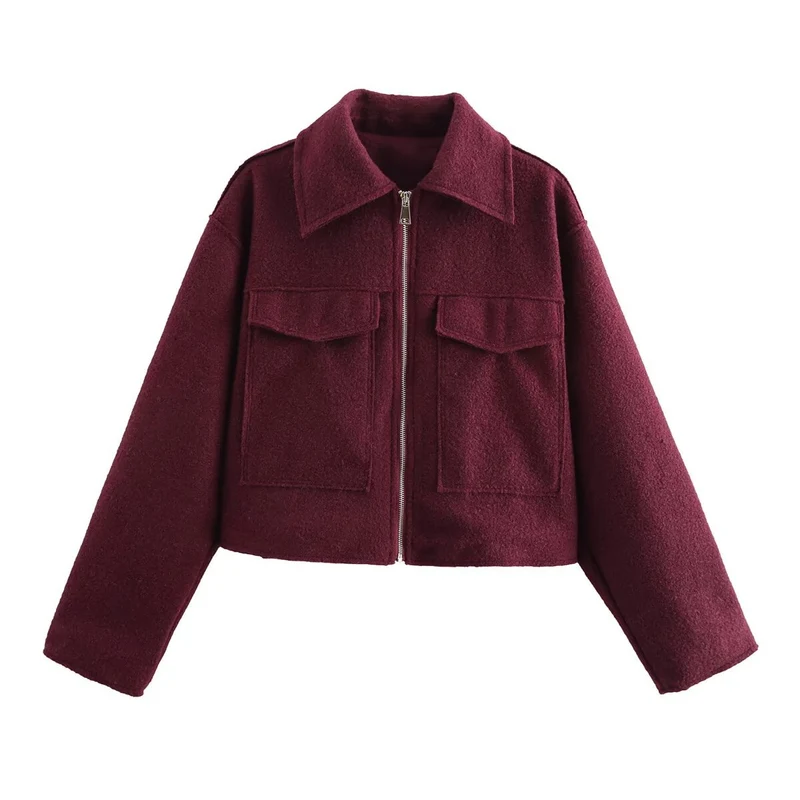 Damen Boxy-Cropped-Jacke aus Bouclé‑Wollmix mit Hemdkragen und aufgesetzten Pattentaschen Drune