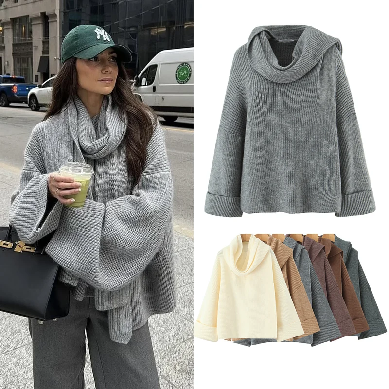 Damen Boxy-Cropped Grobstrick-Pullover mit voluminösem Schalkragen Drune