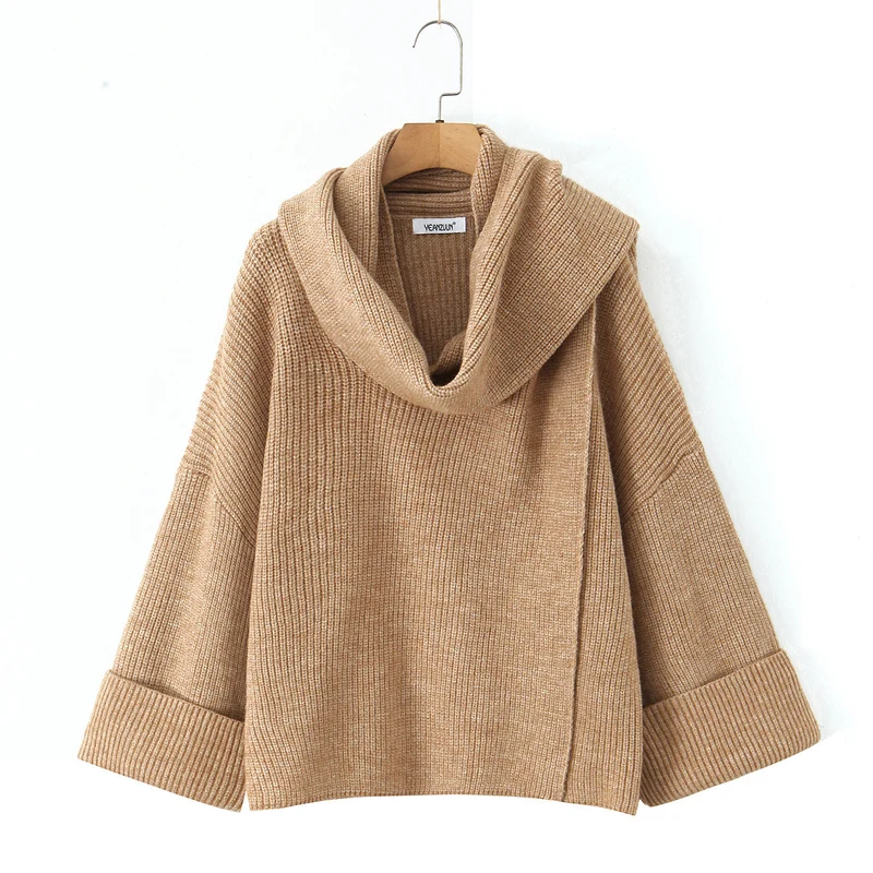 Damen Boxy-Cropped Grobstrick-Pullover mit voluminösem Schalkragen Drune