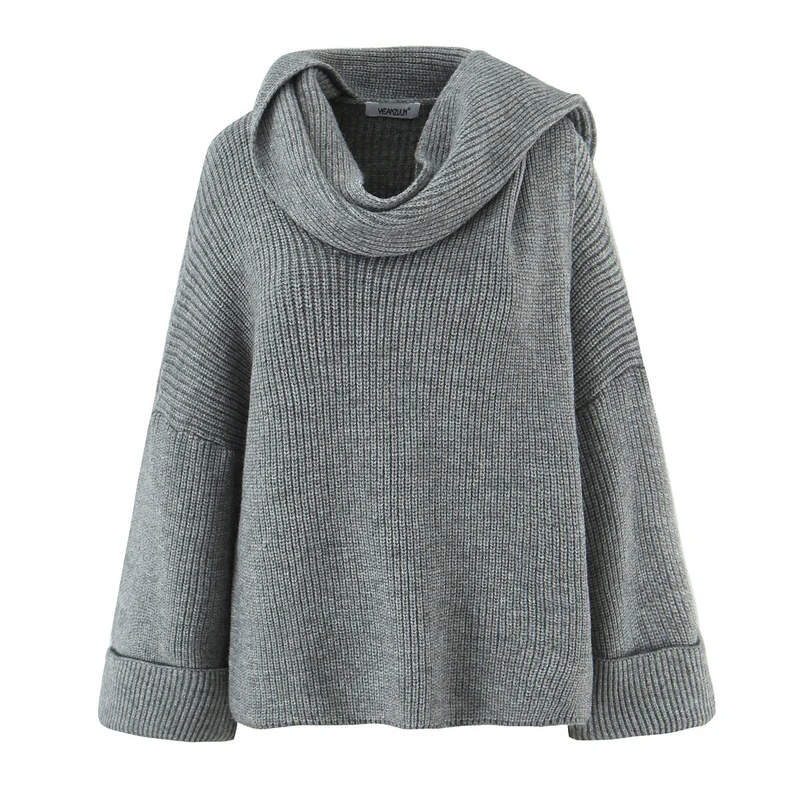 Damen Boxy-Cropped Grobstrick-Pullover mit voluminösem Schalkragen Drune