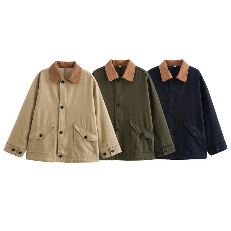 Damen Boxy Baumwoll-Canvas-Jacke mit Cordkragen, Pattentaschen und durchgehender Knopfleiste Drune