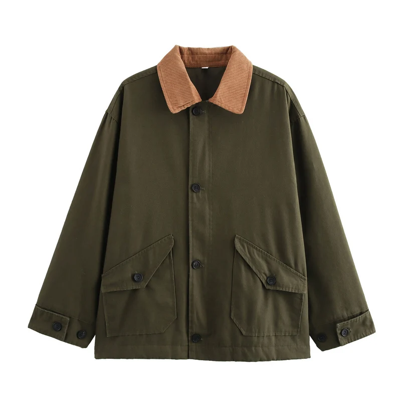 Damen Boxy Baumwoll-Canvas-Jacke mit Cordkragen, Pattentaschen und durchgehender Knopfleiste Drune