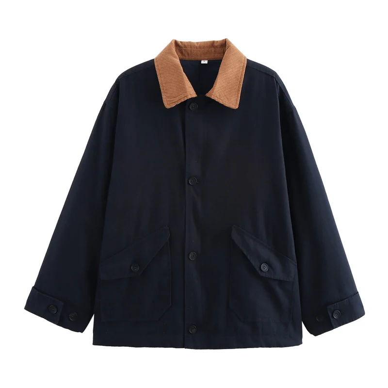 Damen Boxy Baumwoll-Canvas-Jacke mit Cordkragen, Pattentaschen und durchgehender Knopfleiste Drune