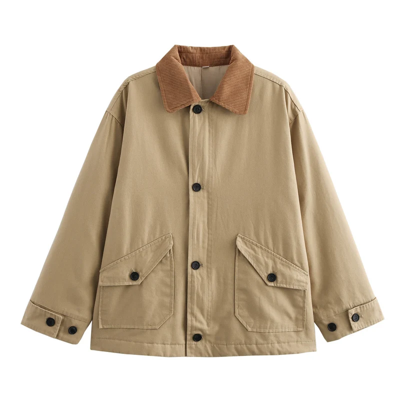 Damen Boxy Baumwoll-Canvas-Jacke mit Cordkragen, Pattentaschen und durchgehender Knopfleiste Drune