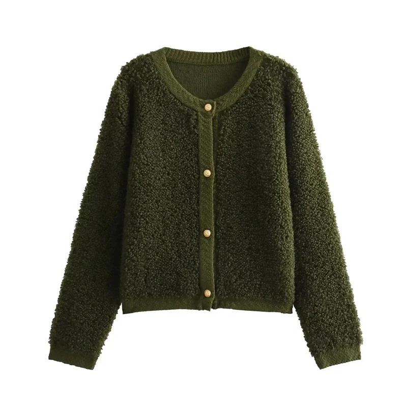 Damen Bouclé-Strickjacke mit Knopfleiste und Rundhalsausschnitt Drune