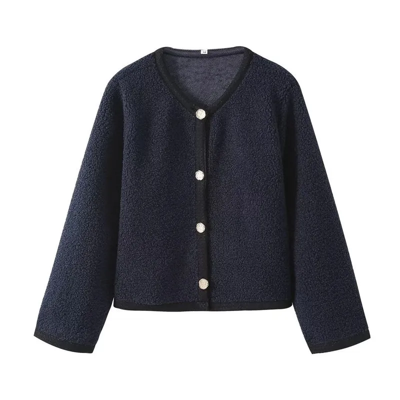 Damen Bouclé-Strickjacke mit Knopfleiste und Rundhalsausschnitt Drune