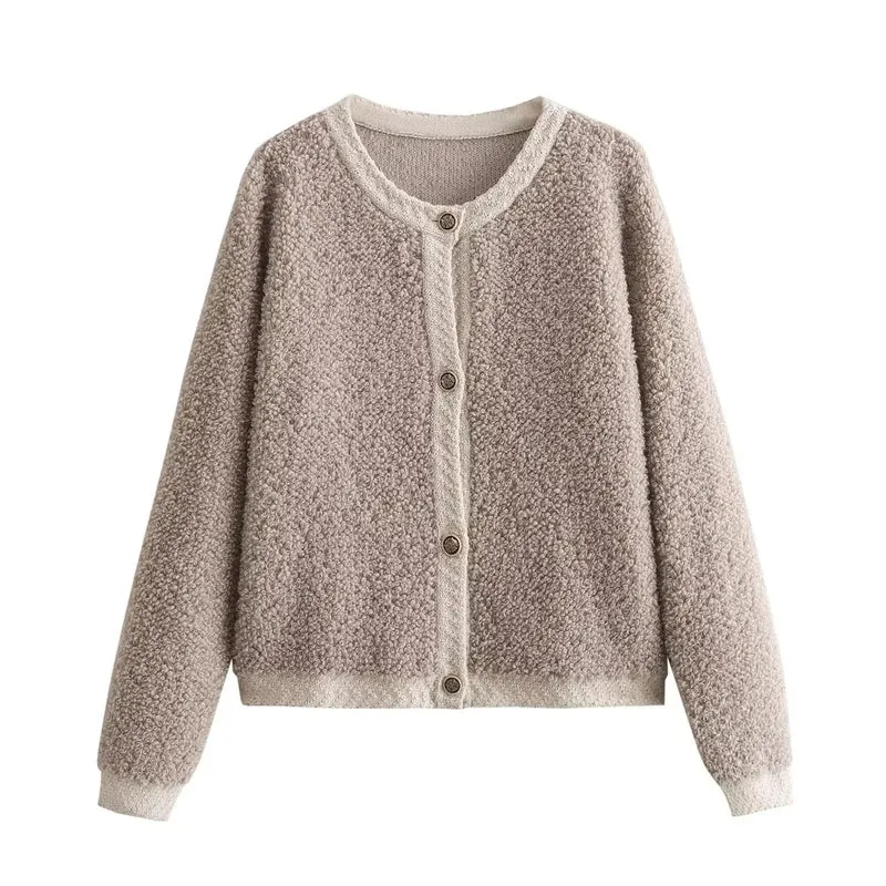 Damen Bouclé-Strickjacke mit Knopfleiste und Rundhalsausschnitt Drune