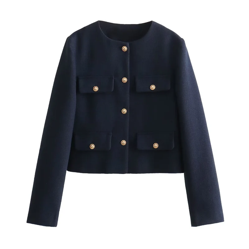 Damen Bouclé-Cropped-Jacke mit vier Pattentaschen und goldenen Schmuckknöpfen Drune
