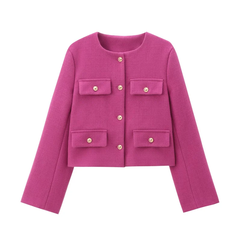 Damen Bouclé-Cropped-Jacke mit vier Pattentaschen und goldenen Schmuckknöpfen Drune