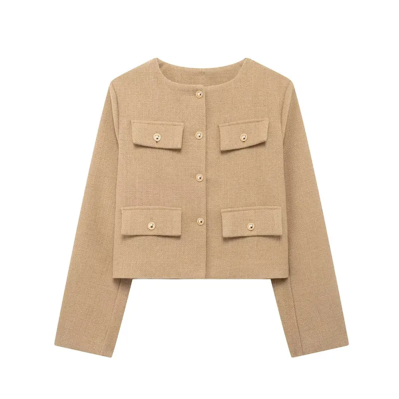 Damen Bouclé-Cropped-Jacke mit vier Pattentaschen und goldenen Schmuckknöpfen Drune