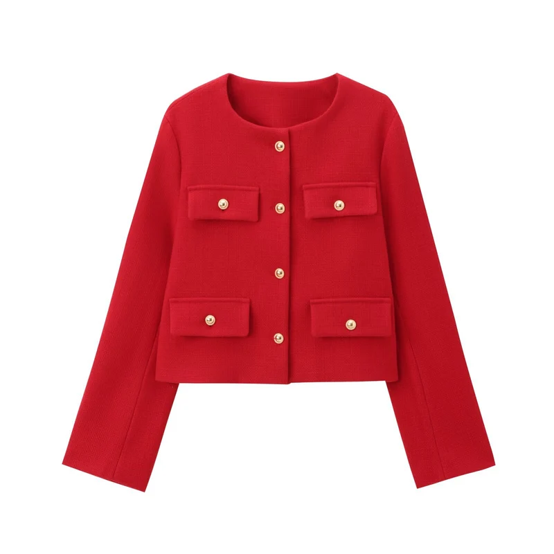 Damen Bouclé-Cropped-Jacke mit vier Pattentaschen und goldenen Schmuckknöpfen Drune