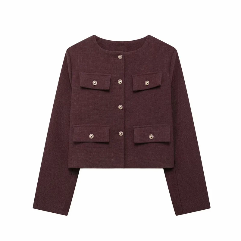 Damen Bouclé-Cropped-Jacke mit vier Pattentaschen und goldenen Schmuckknöpfen Drune
