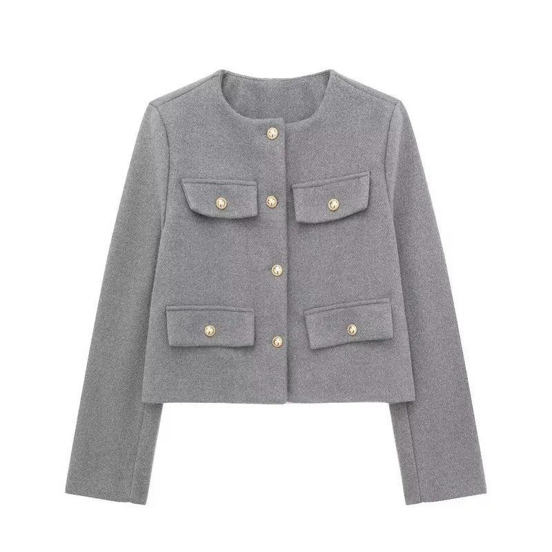 Damen Bouclé-Cropped-Jacke mit vier Pattentaschen und goldenen Schmuckknöpfen Drune