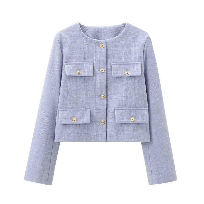 Damen Bouclé-Cropped-Jacke mit vier Pattentaschen und goldenen Schmuckknöpfen Drune