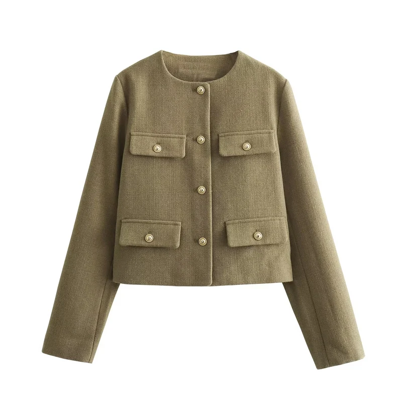 Damen Bouclé-Cropped-Jacke mit vier Pattentaschen und goldenen Schmuckknöpfen Drune