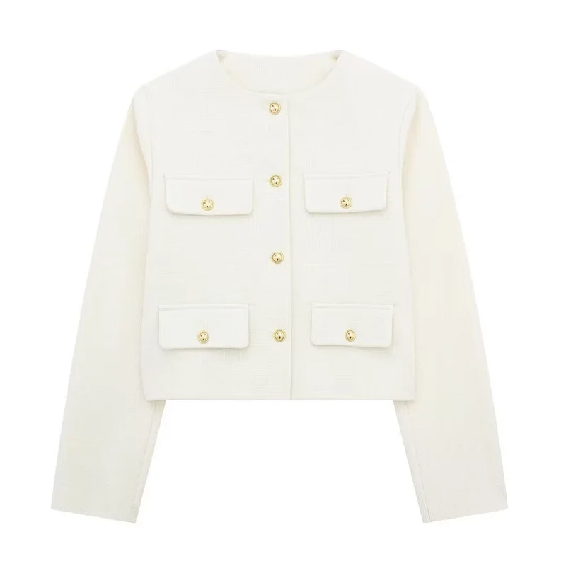 Damen Bouclé-Cropped-Jacke mit vier Pattentaschen und goldenen Schmuckknöpfen Drune