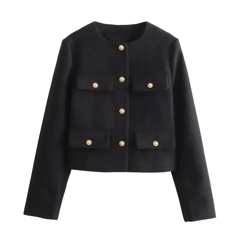 Damen Bouclé-Cropped-Jacke mit vier Pattentaschen und goldenen Schmuckknöpfen Drune