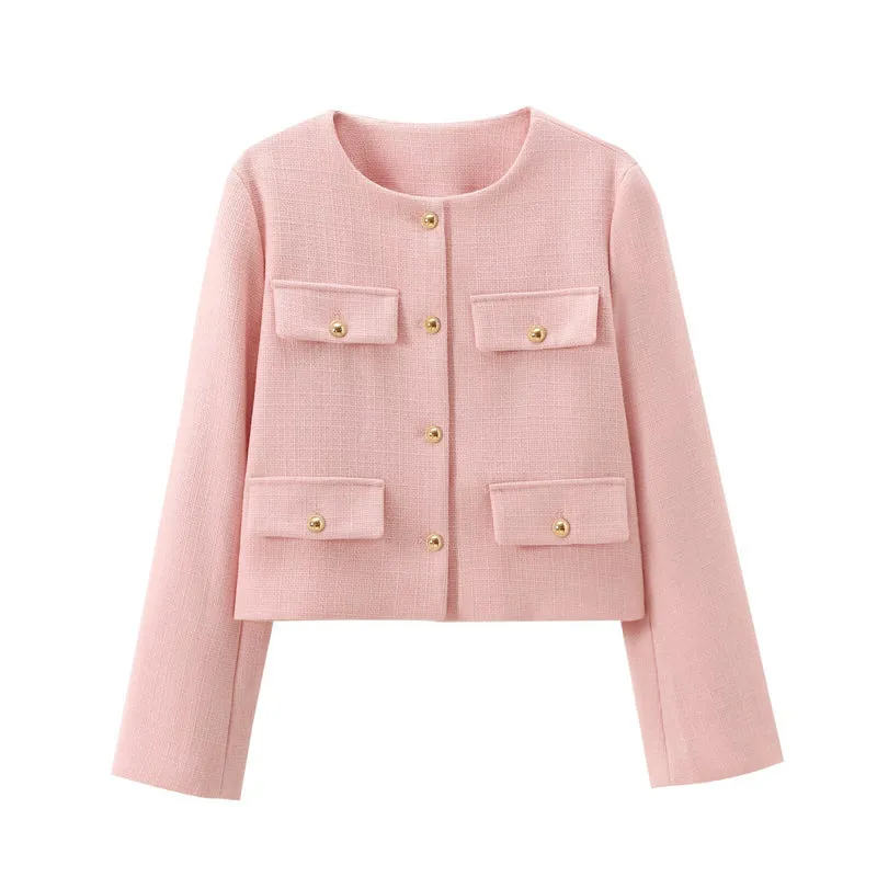 Damen Bouclé-Cropped-Jacke mit vier Pattentaschen und goldenen Schmuckknöpfen Drune