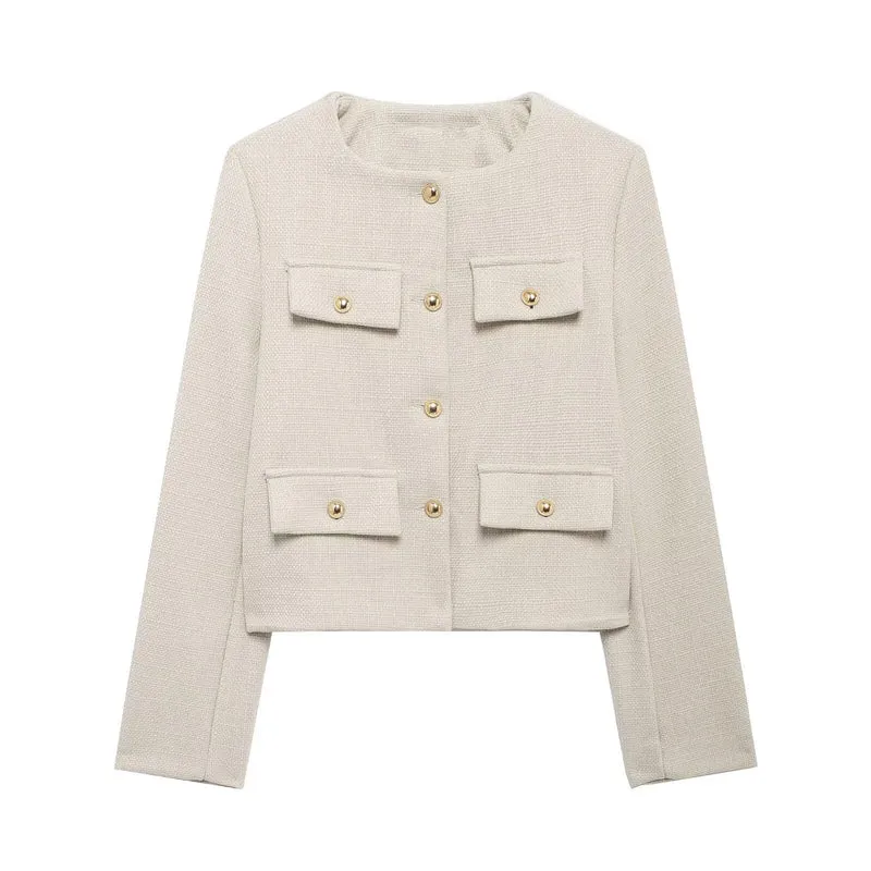 Damen Bouclé-Cropped-Jacke mit vier Pattentaschen und goldenen Schmuckknöpfen Drune