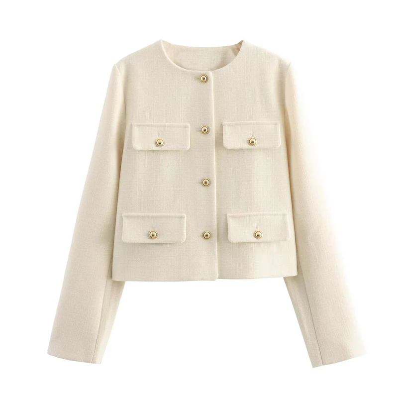 Damen Bouclé-Cropped-Jacke mit vier Pattentaschen und goldenen Schmuckknöpfen Drune