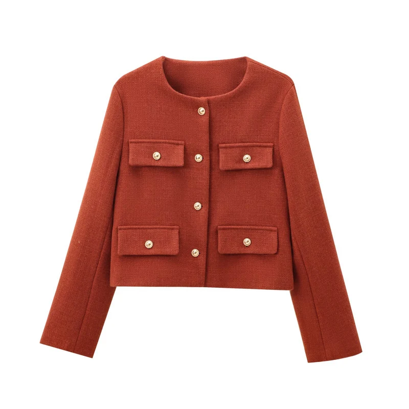 Damen Bouclé-Cropped-Jacke mit vier Pattentaschen und goldenen Schmuckknöpfen Drune