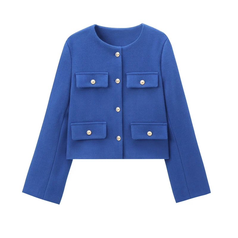 Damen Bouclé-Cropped-Jacke mit vier Pattentaschen und goldenen Schmuckknöpfen Drune