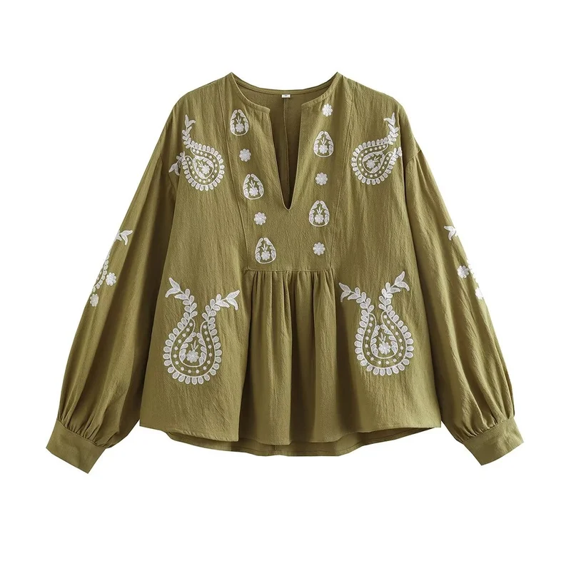 Damen bestickte Baumwoll-Tunika mit weitem Fall, Paisley-Motiven und Ballonärmeln Drune