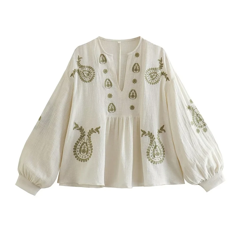 Damen bestickte Baumwoll-Tunika mit weitem Fall, Paisley-Motiven und Ballonärmeln Drune