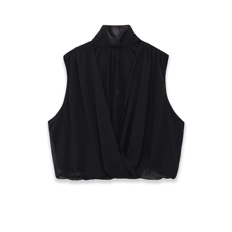 Damen Ärmellose Chiffonbluse mit Schleifenkragen und elastischem Saum Drune