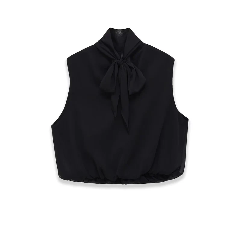 Damen Ärmellose Chiffonbluse mit Schleifenkragen und elastischem Saum Drune