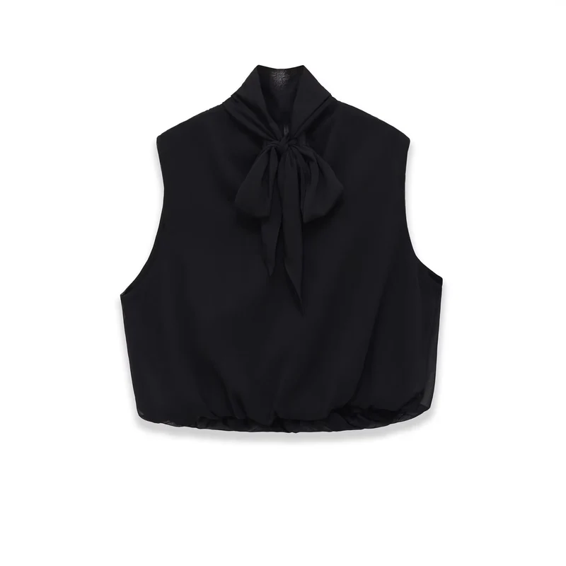 Damen Ärmellose Chiffonbluse mit Schleifenkragen und elastischem Saum Drune