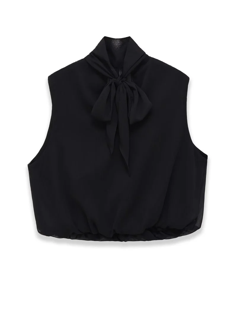 Damen Ärmellose Chiffonbluse mit Schleifenkragen und elastischem Saum Drune