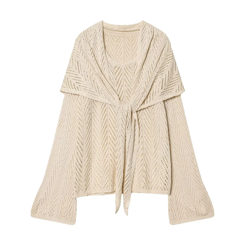 Damen Ajourstrick-Set mit offener Cardigan und Midirock Drune