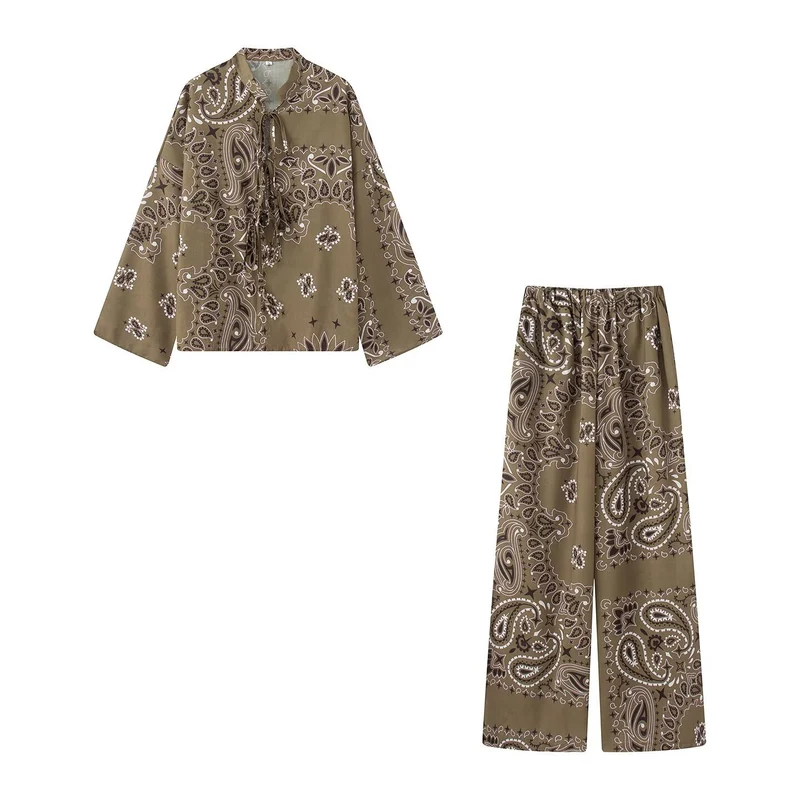 Damen Zweiteiliges Satinoptik-Lounge-Set mit Paisley-Print, Kimonokragen-Bluse und weiter Culotte-Hose Drune